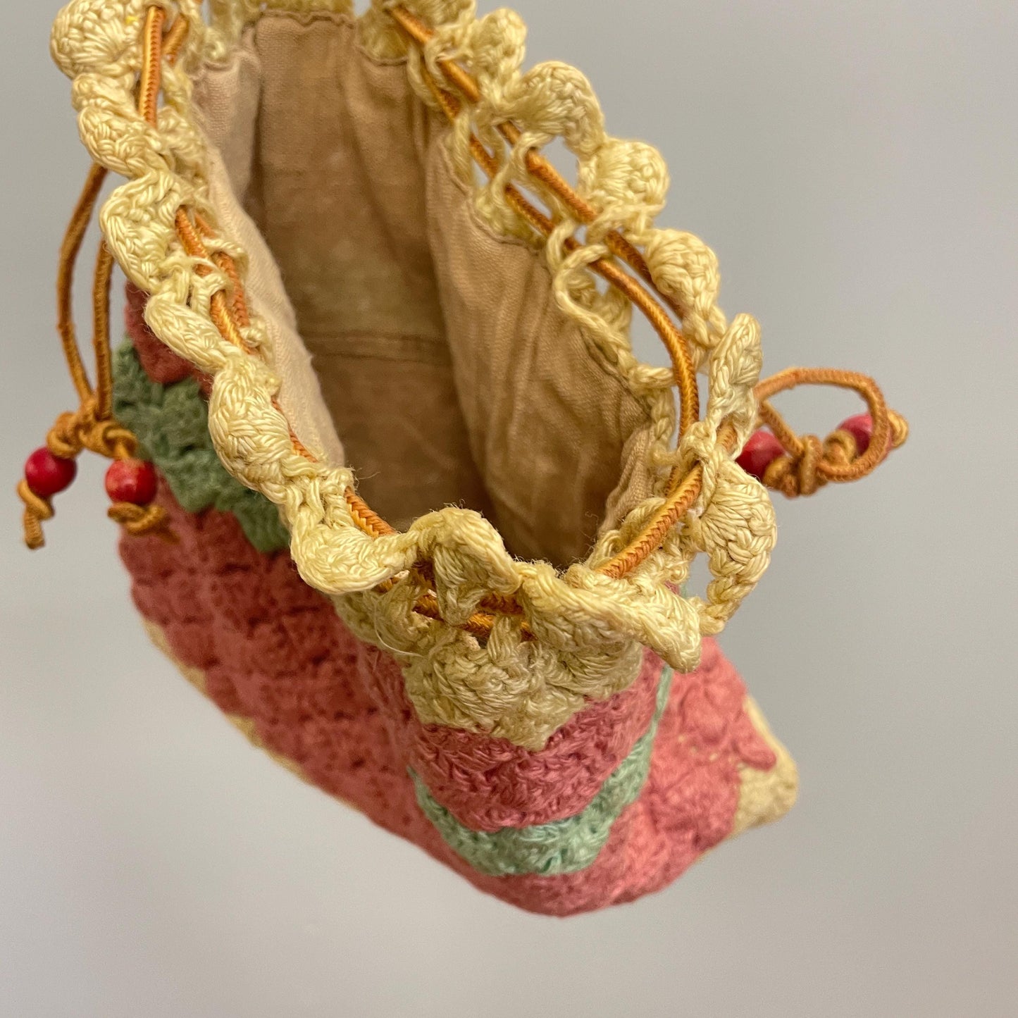 vtg 1940s KNIT POUCH // vintage pastel striped tight thick crochet lined hand bag cute mauve yellow dainty girly cinchy purse 30s accessory