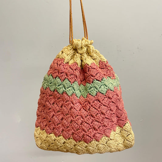 vtg 1940s KNIT POUCH // vintage pastel striped tight thick crochet lined hand bag cute mauve yellow dainty girly cinchy purse 30s accessory