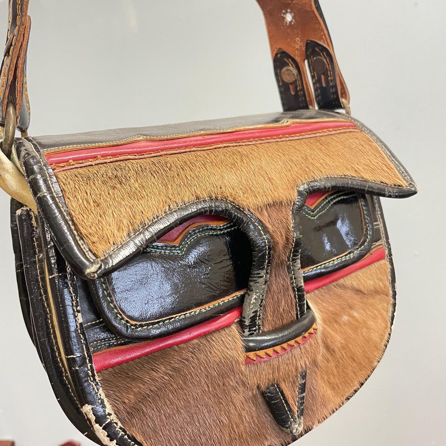 vtg 70s LEATHER & FUR SATCHEL // vintage rustic colombia nutria fur buckle purse western hippie retro messenger crossbody unisex handbag