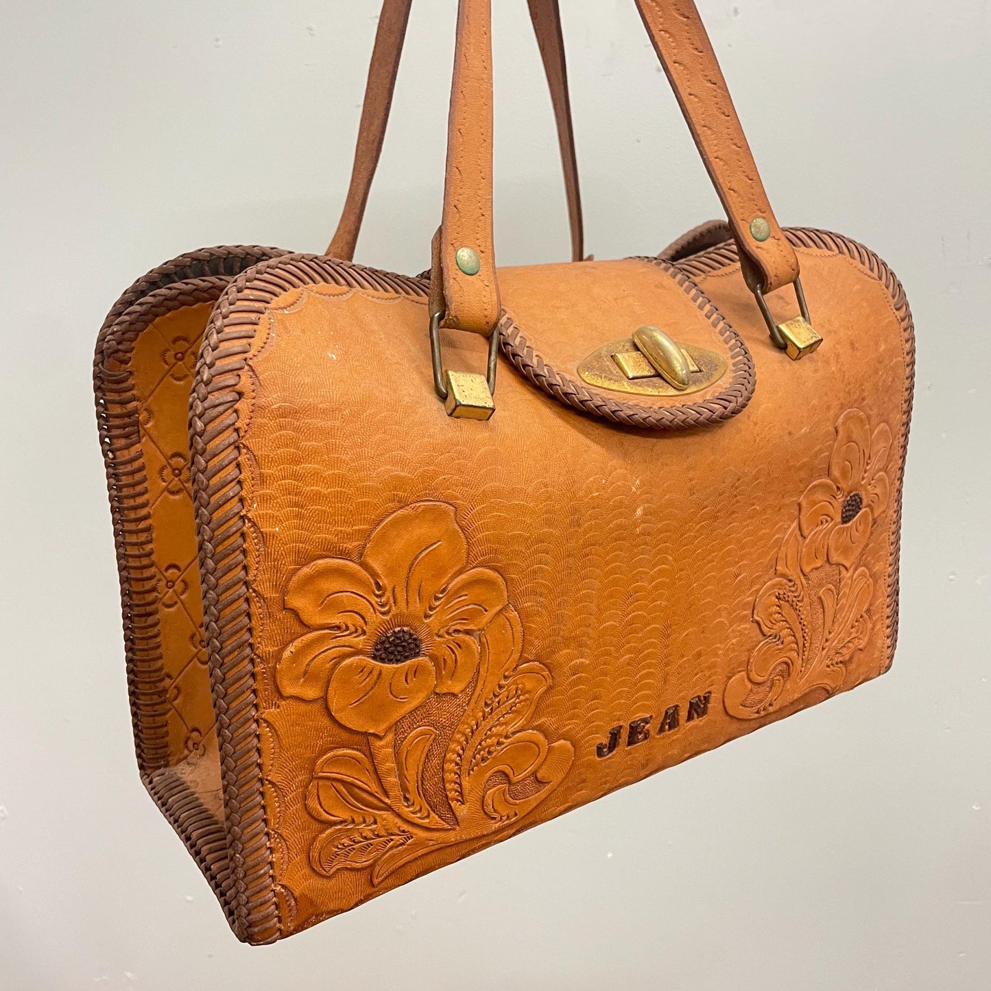 vtg 70s LEATHER BIRD BAG // vintage hand tooled floral 3d structured top handle boho hippie woodstock era personalized "Jean" large birkin