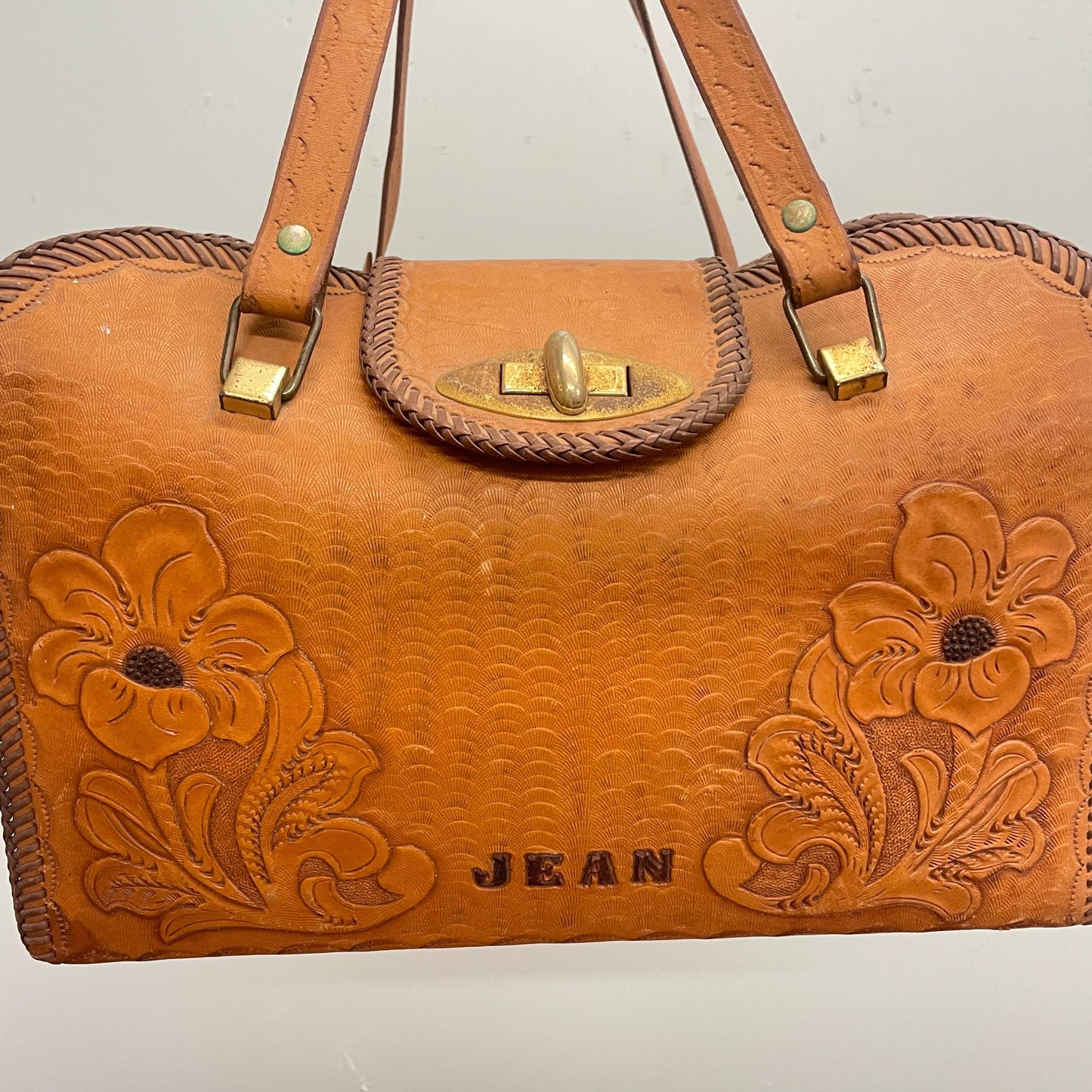 vtg 70s LEATHER BIRD BAG // vintage hand tooled floral 3d structured top handle boho hippie woodstock era personalized "Jean" large birkin