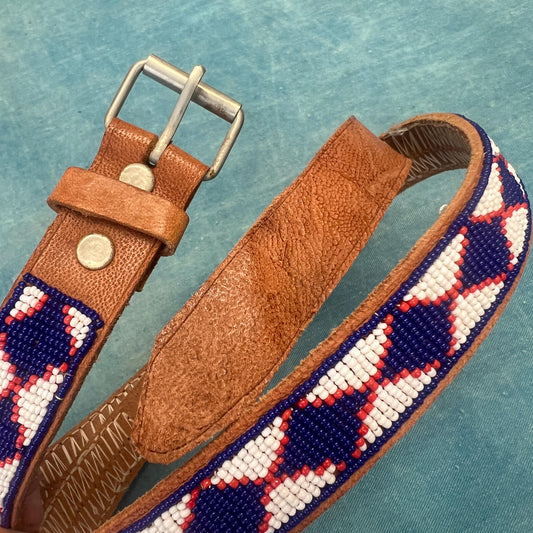 vtg HAND BEADED BELT // vintage square pattern multicolor tan leather belt southwestern rustic bohemian hippie style accessories artist
