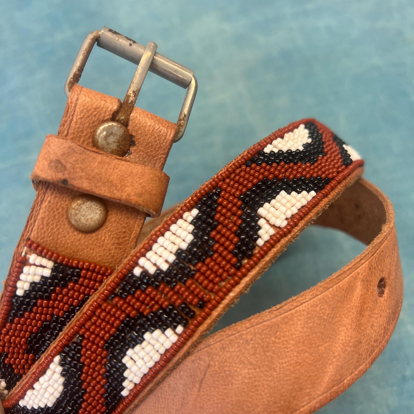 vtg HAND BEADED BELT // vintage snake pattern tan leather belt southwestern rustic bohemian hippie style accessories boho festival retro