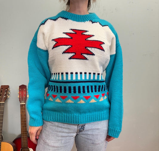 vtg 70s PENDLETON STYLE KNIT Sweater // vintage robins egg blue red aztec southwestern pattern chunky knit geometric print hand knit pop art