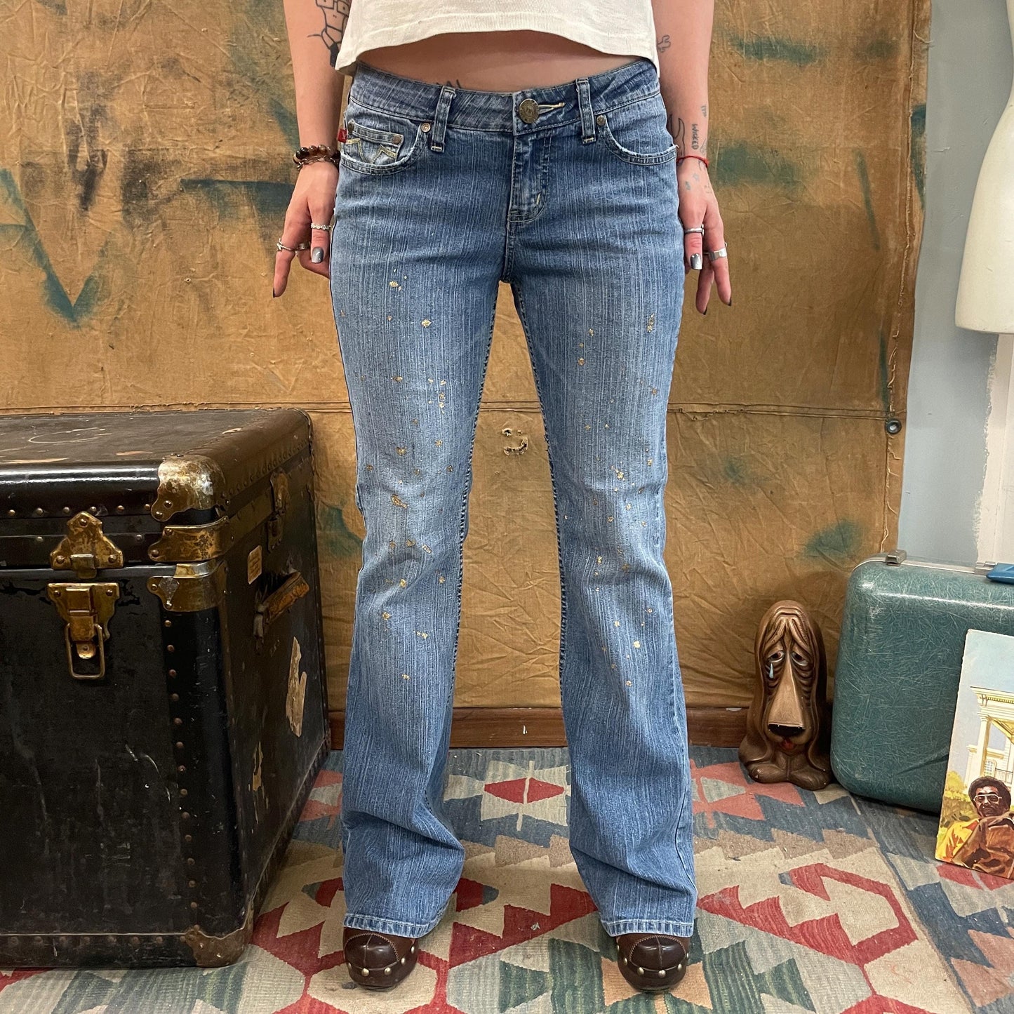 vtg Y2K GOLD GLITTER JEANS // vintage ymi flare leg ultra low rise bell bottom style brat britney crossroads 2000s retro sparkly bling butt