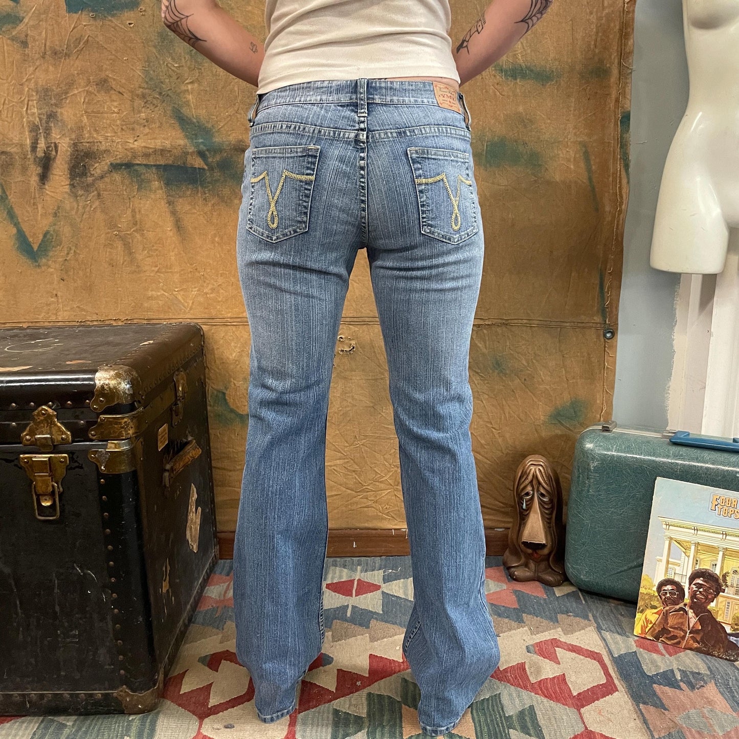 vtg Y2K GOLD GLITTER JEANS // vintage ymi flare leg ultra low rise bell bottom style brat britney crossroads 2000s retro sparkly bling butt