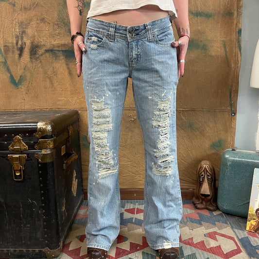 vtg 90s PATCHWORK POCKET BONGO jeans // vintage low rise light wash straight leg y2k distressed worn bell bottom retro floral print denim