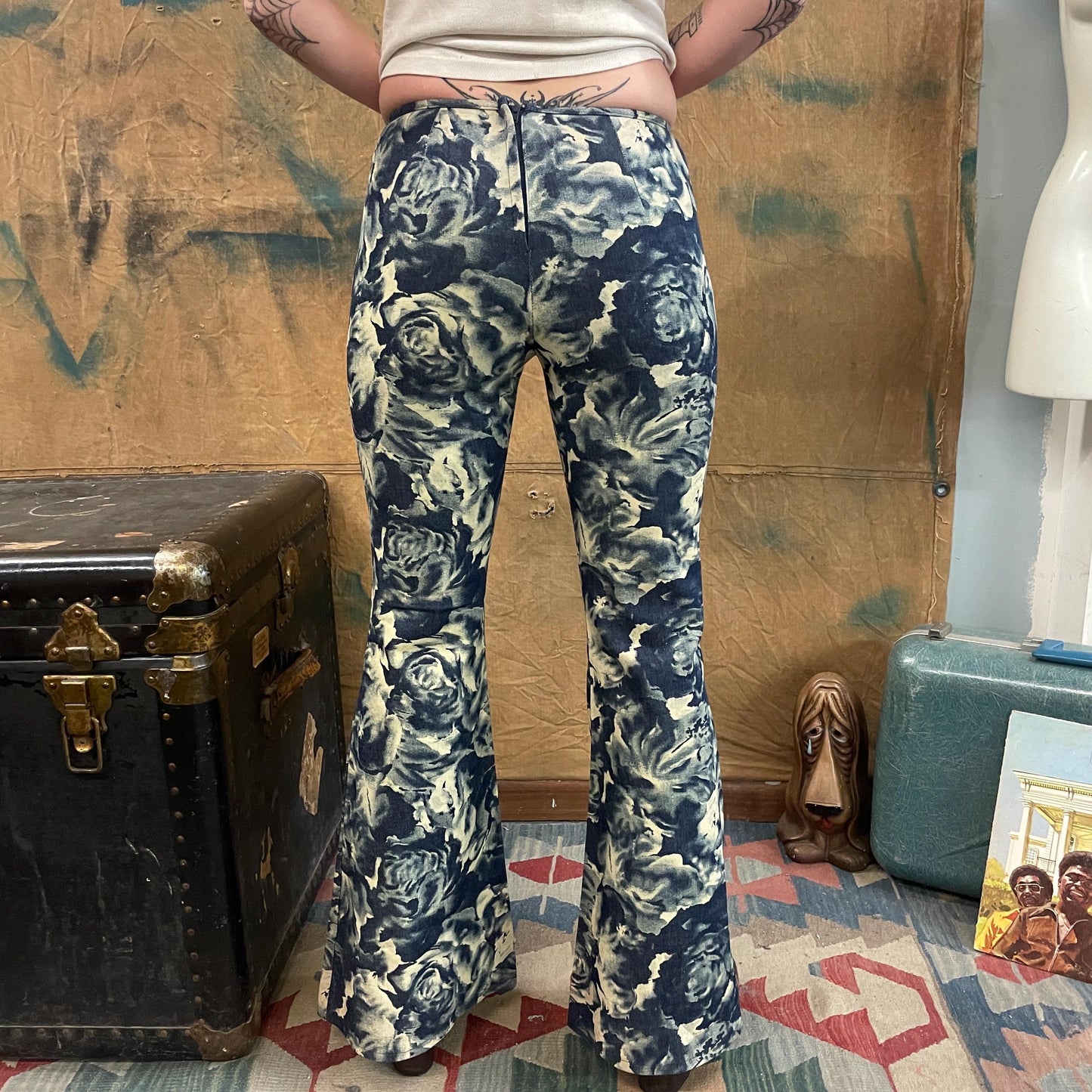 vtg 90s BLACK ROSES BELLBOTTOMS // vintage Y2K does 70s hippie flare leg all over print bare back low rise woodstock rocker retro fashion