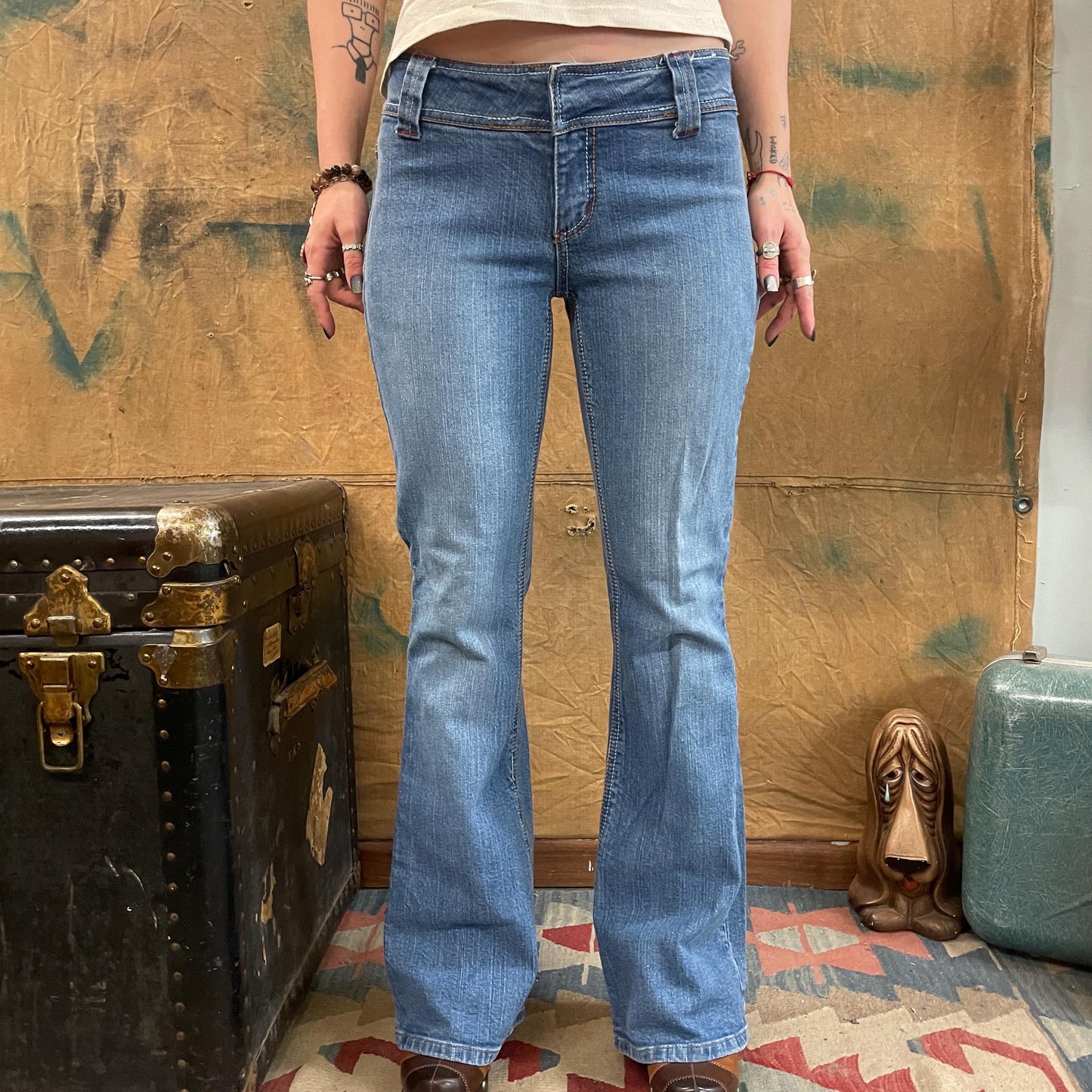 vtg Y2K JOUJOU JEANS // vintage light wash bareback distressed cut worn kick flare 90s retro style fashion casual straight leg mid rise