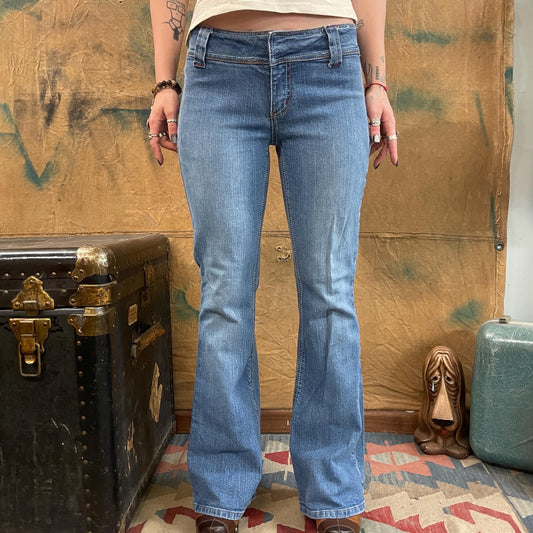 vtg Y2K JOUJOU JEANS // vintage light wash bareback distressed cut worn kick flare 90s retro style fashion casual straight leg mid rise