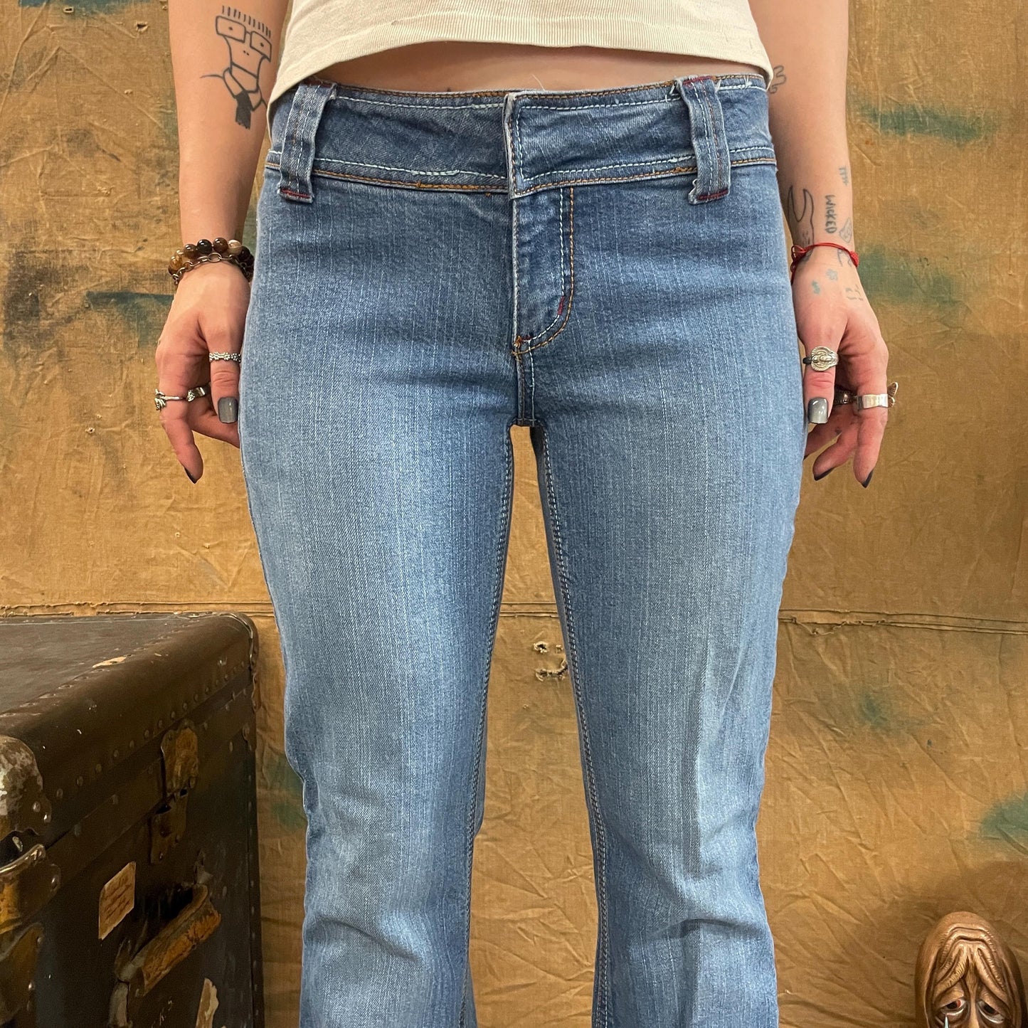 vtg Y2K JOUJOU JEANS // vintage light wash bareback distressed cut worn kick flare 90s retro style fashion casual straight leg mid rise