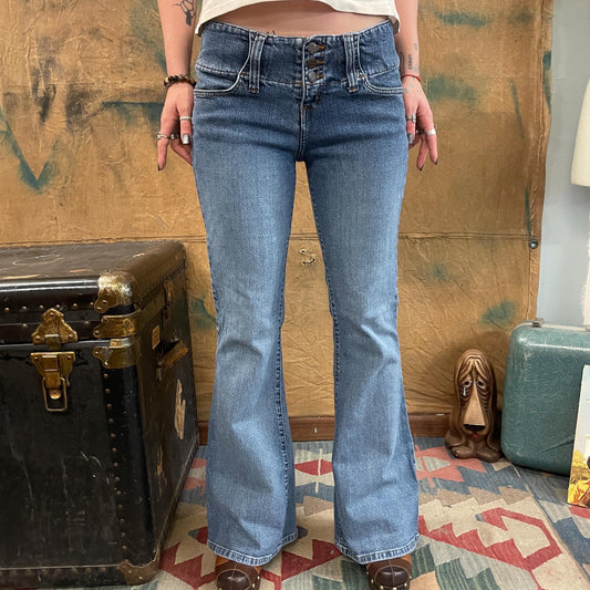 vtg y2k LOW RISE JEANS // vintage paris blues medium light wash flare leg thick band bare back paris hilton 90s y2k style sexy midriff brat