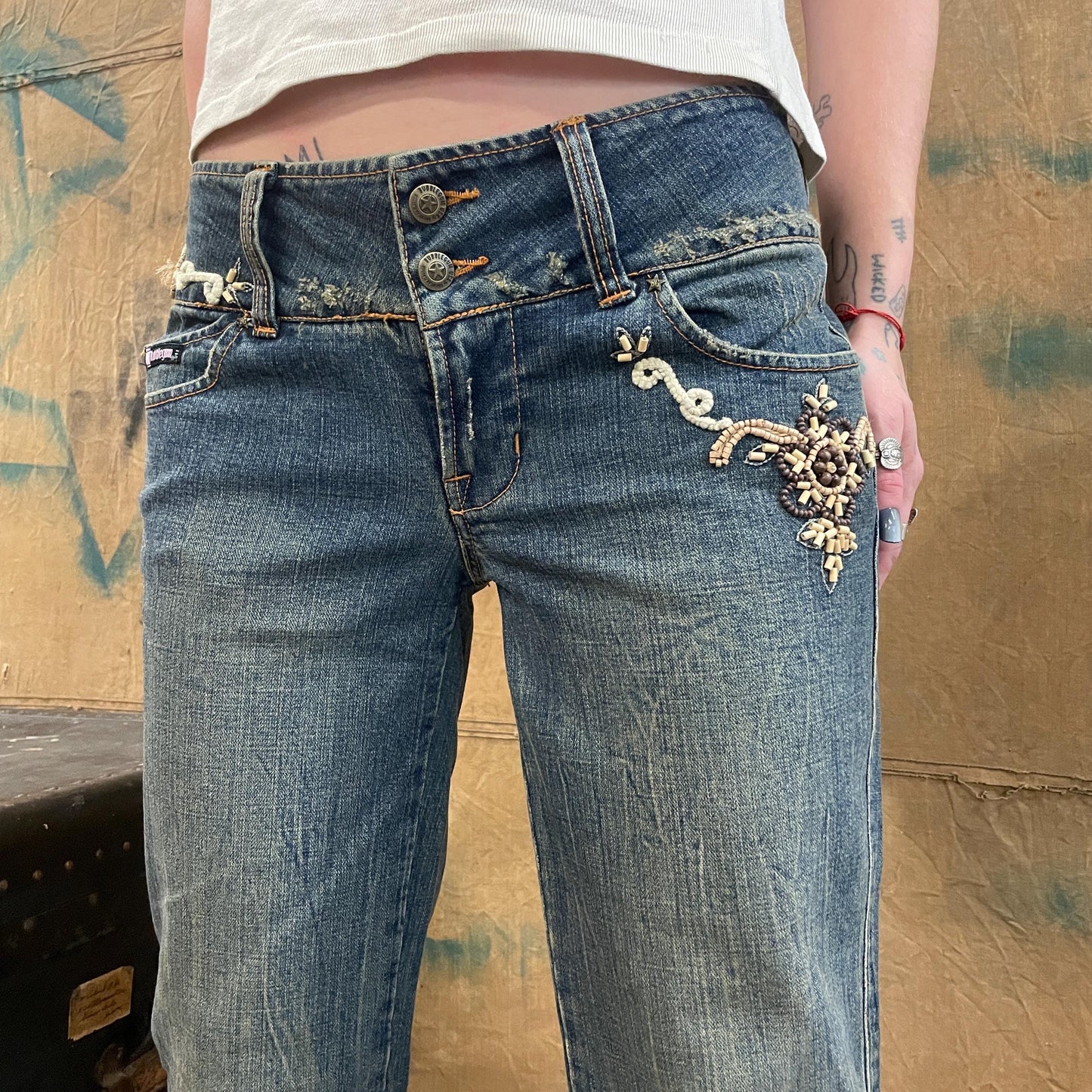 vtg 90s BEADED FLARE JEANS // vintage low rise medium stone washed embroidered bootcut wide leg bubblegum y2k style denim hippie boho jeans