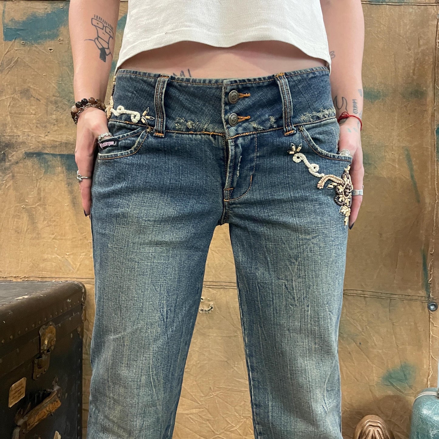 vtg 90s BEADED FLARE JEANS // vintage low rise medium stone washed embroidered bootcut wide leg bubblegum y2k style denim hippie boho jeans
