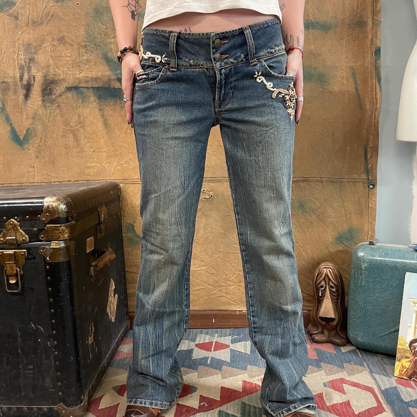 vtg 90s BEADED FLARE JEANS // vintage low rise medium stone washed embroidered bootcut wide leg bubblegum y2k style denim hippie boho jeans