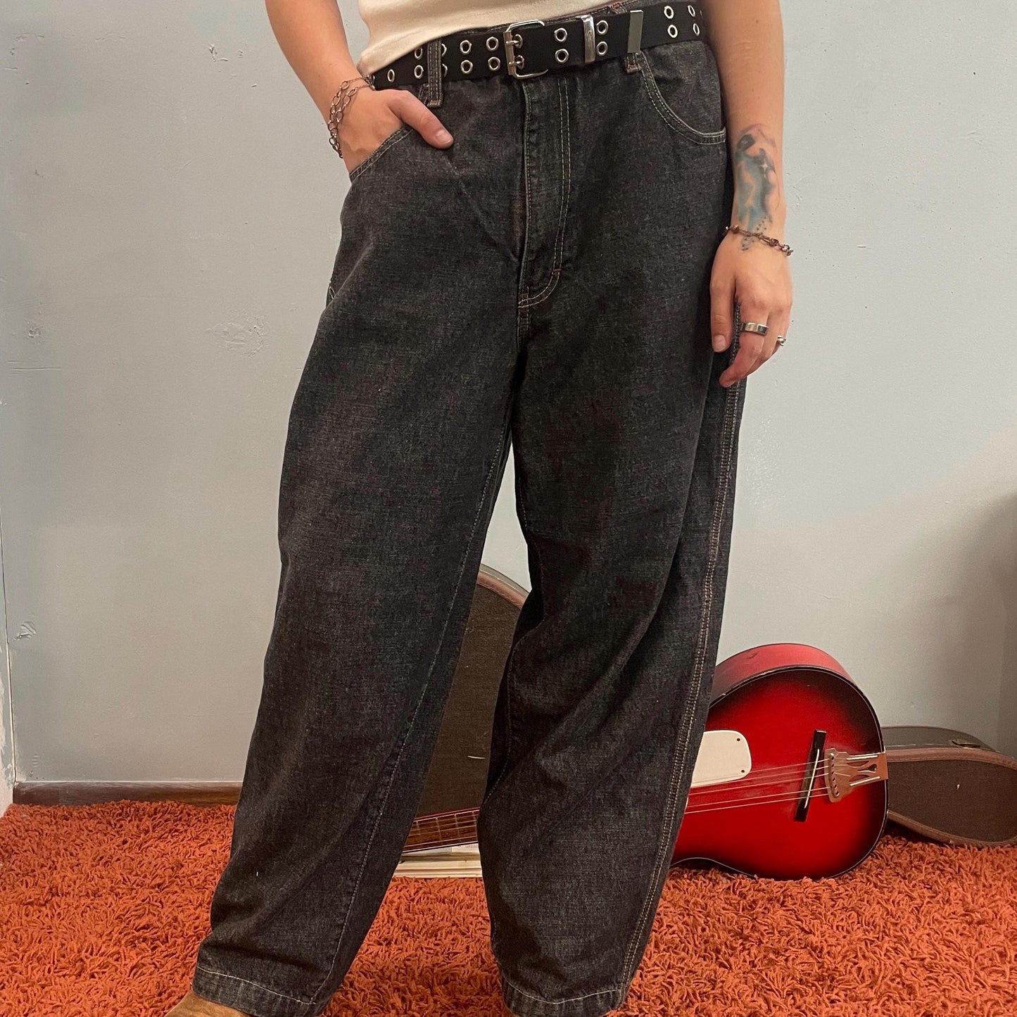 vtg 90s JORDACHE DARK WASH Jeans // vintage baggy graycargo utility style jnco look gray slouchy grunge hipster hip hop wide leg y2k style