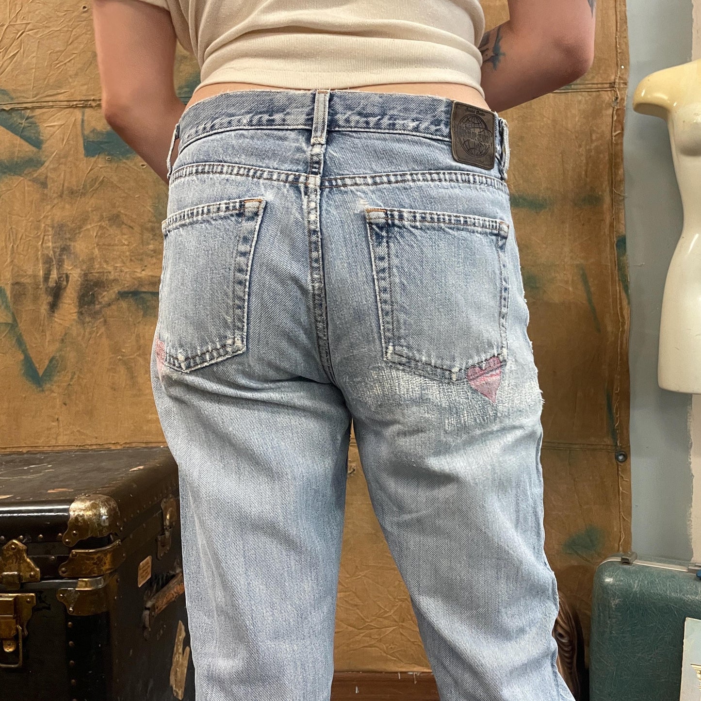 vtg Y2K DISTRESSED HEART POCKET jeans // vintage The Gap light wash hand painted low rise tapered straight leg worn faded school casual