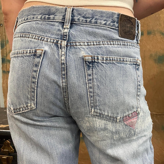 vtg Y2K DISTRESSED HEART POCKET jeans // vintage The Gap light wash hand painted low rise tapered straight leg worn faded school casual