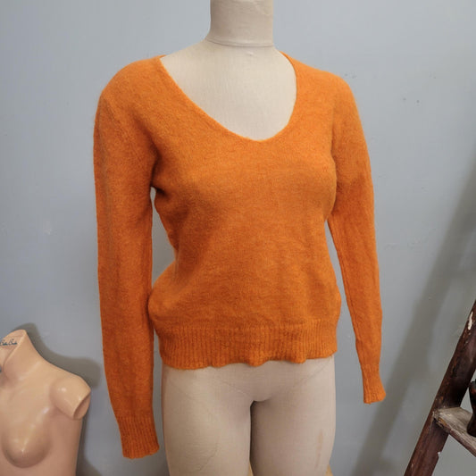 Vtg ORANGE SHERBET MOHAIR Sweater // vintage fuzzy pastel v neck fitted cropped top scoop neck autumn halloween vibes tight lightweight top