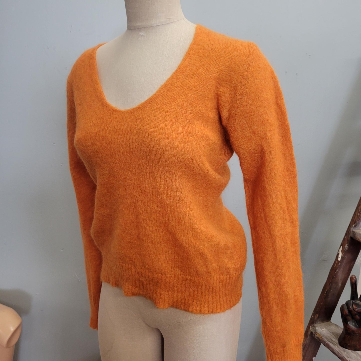 Vtg ORANGE SHERBET MOHAIR Sweater // vintage fuzzy pastel v neck fitted cropped top scoop neck autumn halloween vibes tight lightweight top