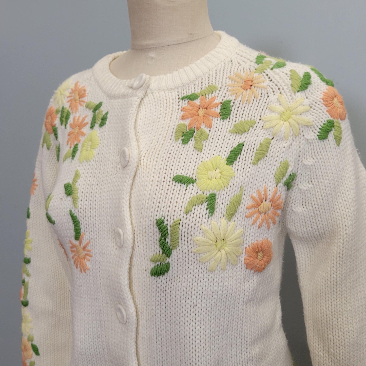 vtg 60s FLORAL EMBROIDERED CARDIGAN / vintage cute pastel bouquet pattern white knit acrylic button up sweet innocent teacher style autumn
