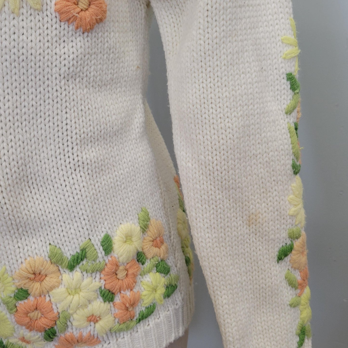 vtg 60s FLORAL EMBROIDERED CARDIGAN / vintage cute pastel bouquet pattern white knit acrylic button up sweet innocent teacher style autumn