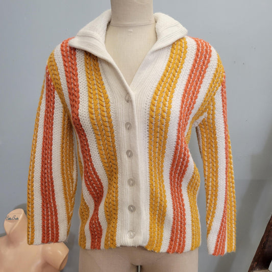 vtg 1950s ORANGE STRIPED CARDIGAN // vintage mcm rockabilly collared multicolor cable knit button up preppy rockabilly style acrylic bowling