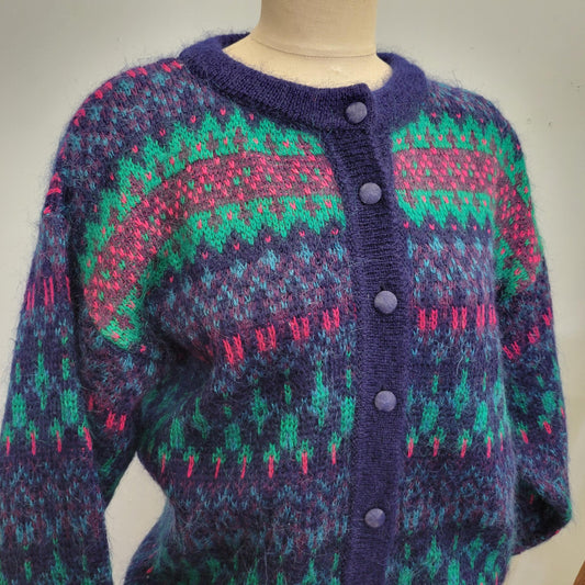 vtg 80s PATTERNED MOHAIR CARDIGAN // vintage zig zag geometric abstract print button up bright jewel tone cardigan fuzzy shaggy funky retro