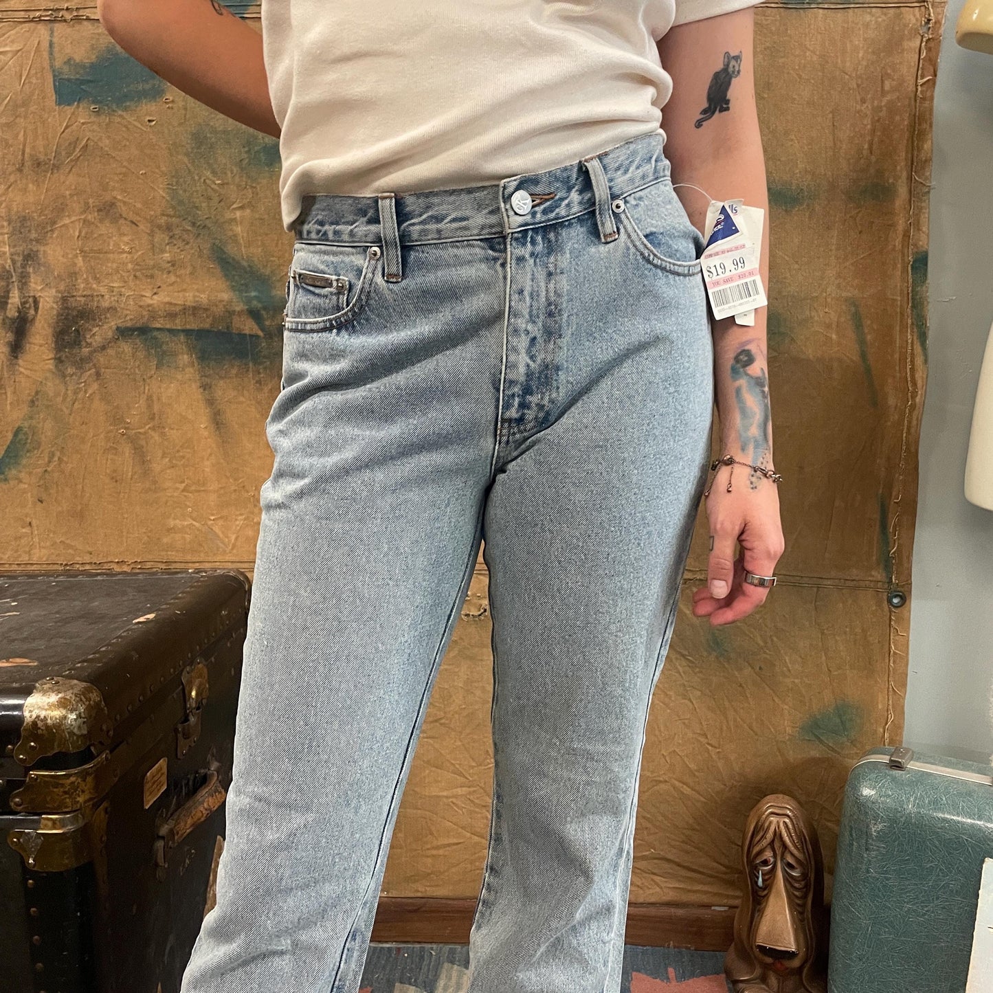 vtg y2k CALVIN KLEIN EMBROIDERED jeans // vintage new with tags geometric pattern high waisted light wash straight leg boot cut 90s friends