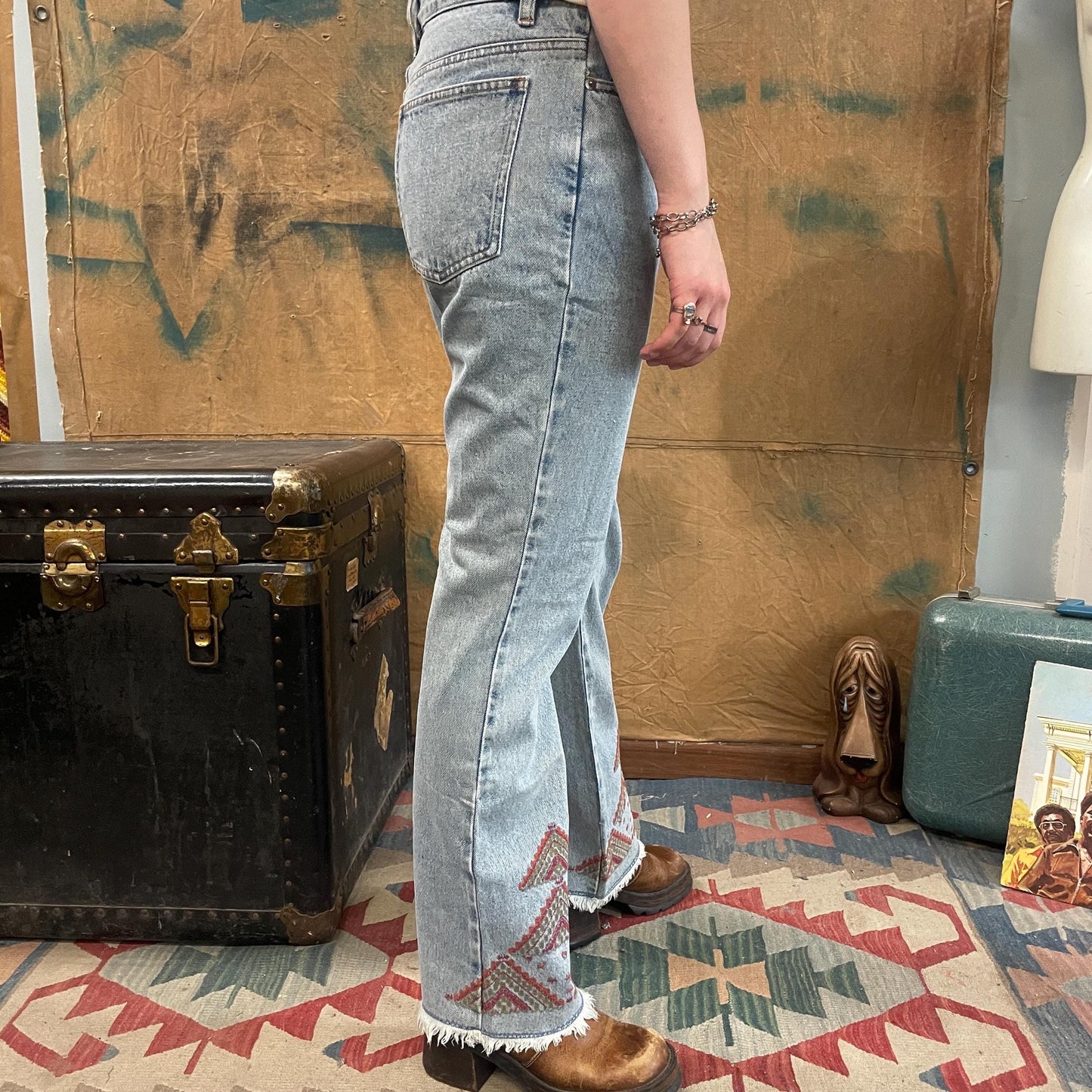 vtg y2k CALVIN KLEIN EMBROIDERED jeans // vintage new with tags geometric pattern high waisted light wash straight leg boot cut 90s friends