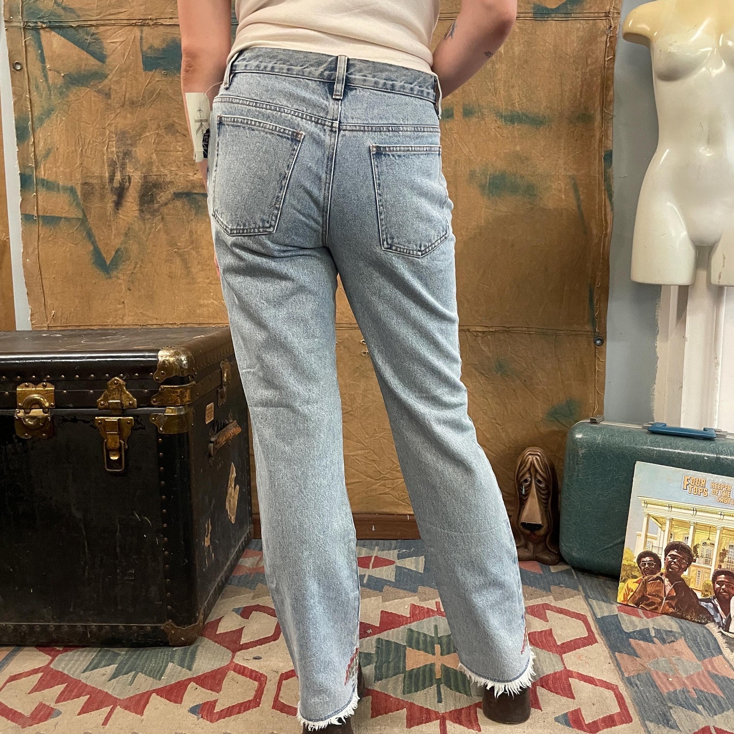 vtg y2k CALVIN KLEIN EMBROIDERED jeans // vintage new with tags geometric pattern high waisted light wash straight leg boot cut 90s friends