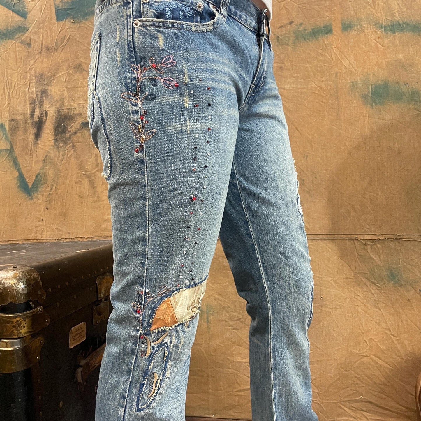 vtg 90s BEADED LAZER JEANS // vintage low rise distressed light wash denim flare leg cut up embroidered hippie grunge punk bell bottom jeans