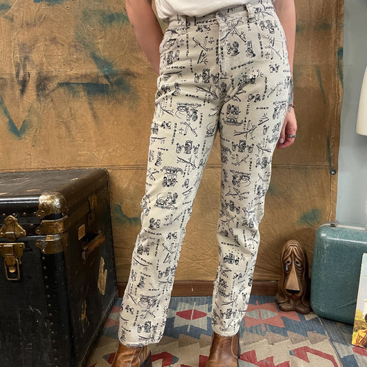 vtg 90s JAPANESE PATTERN JEANS // chico's all over print high waisted tapered jeans beige denim black symbols grunge unique patterned pants
