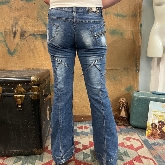 vtg y2k LUXURY BLUES JEANS // vintage 90s bleached distressed mid rise zipper pocket flare leg stitched grunge delias brat 2000s retro style