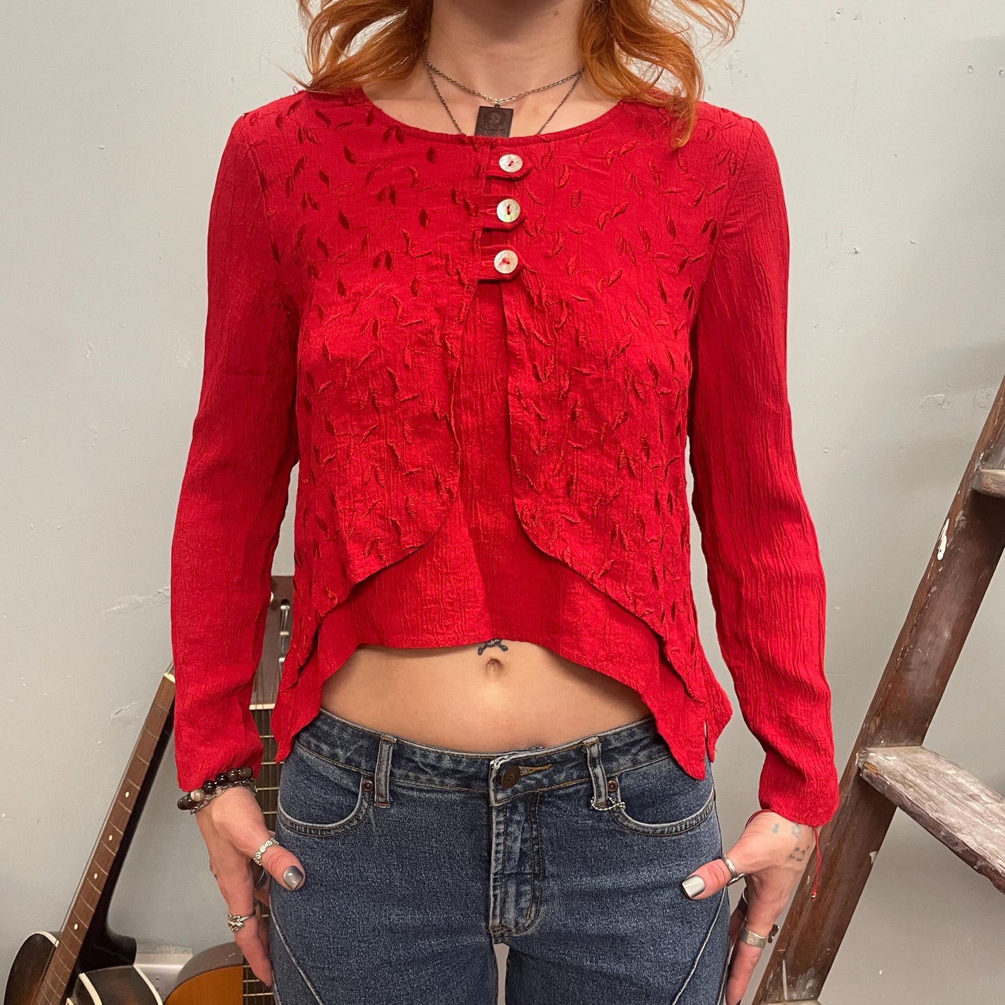 vtg 90s RED LONG SLEEVE crop top // vintage embroidered asymmetrical crimson rayon y2k Karin Stevens sexy flowy cropped dressy casual blouse