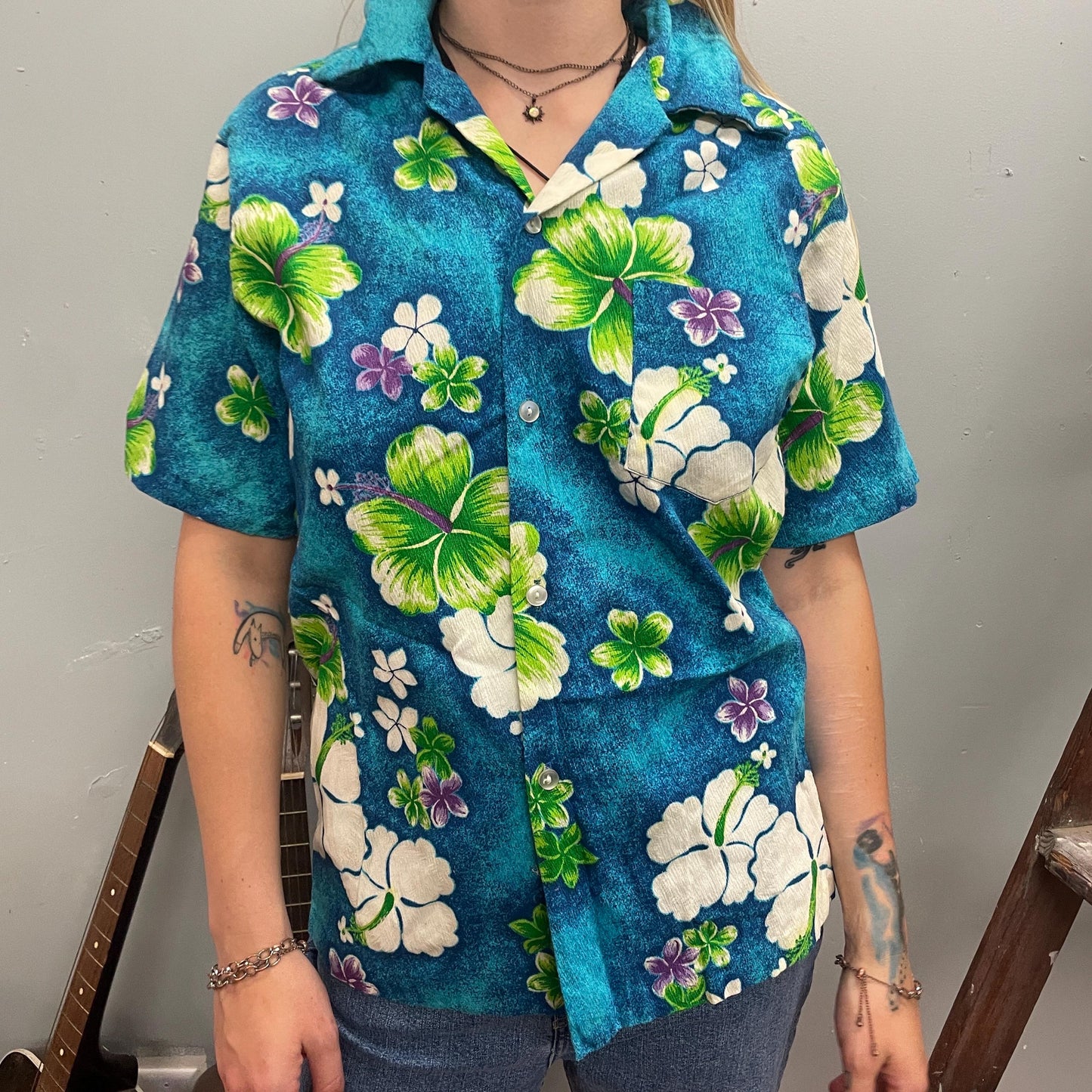 vtg 70s FLORAL HAWAIIAN SHIRT // vintage pomare barkcloth neon dayglow tiki party blouse wedding shirt psychedelic flower power retro top