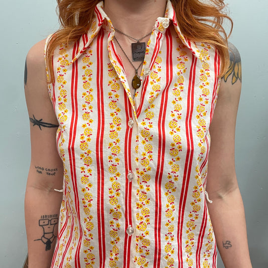 vtg 60s FLORAL STRIPED BUTTON down top // vintage apple pattern flower power all over print pointy collar mod kitschy retro style fashion