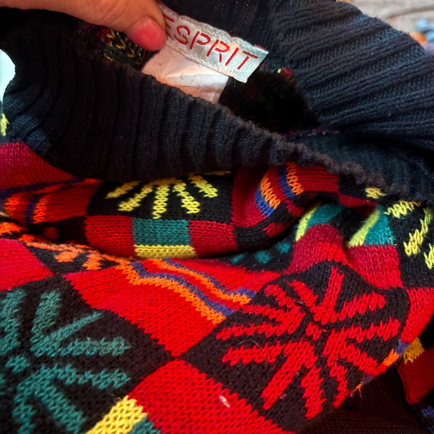 vtg 90s ESPRIT ABSTRACT GEOMETRIC Sweater // vintage wild patterned flower power chunky knit ribbed cotton atomic all over print oversized L