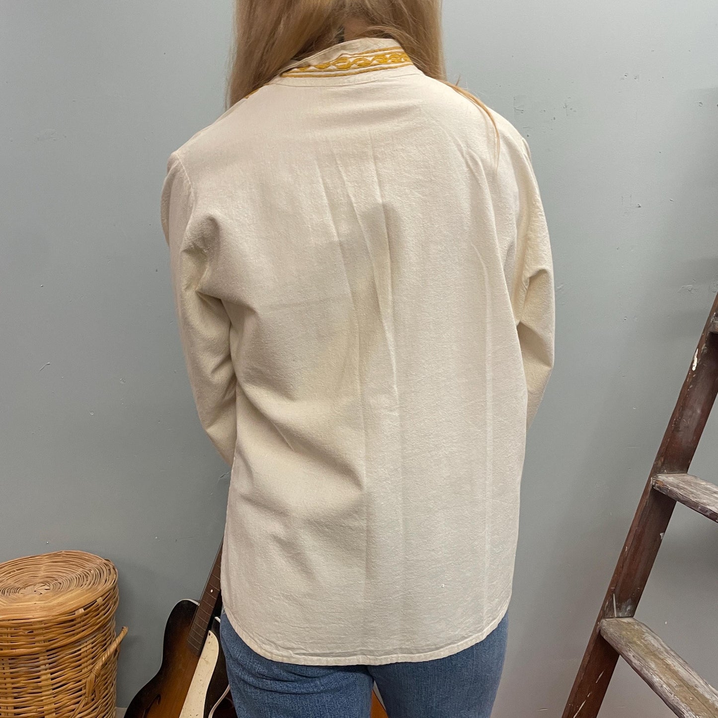 vtg 70s HEAVILY EMBROIDERED TOP // vintage toggle button white & gold hippie guru bohemian style rockstar folk art beatles apple shop linen