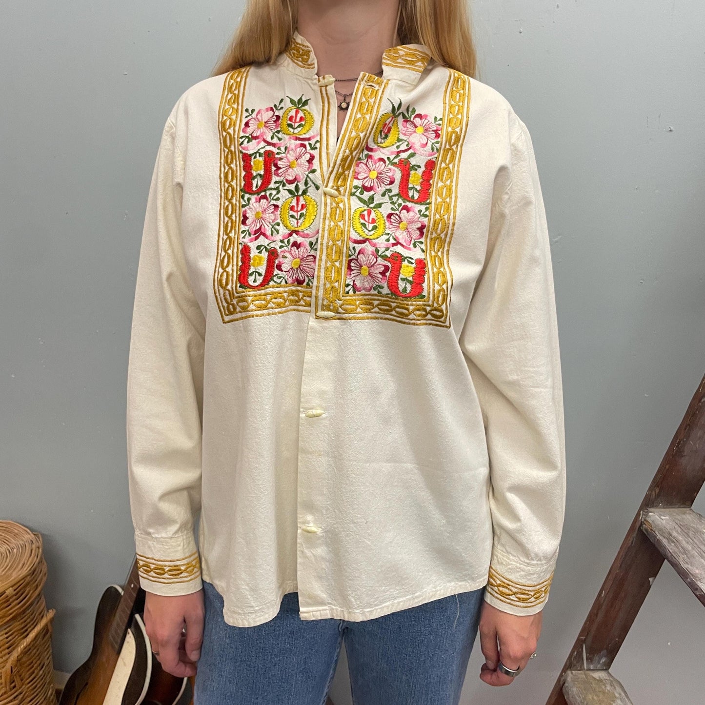 vtg 70s HEAVILY EMBROIDERED TOP // vintage toggle button white & gold hippie guru bohemian style rockstar folk art beatles apple shop linen