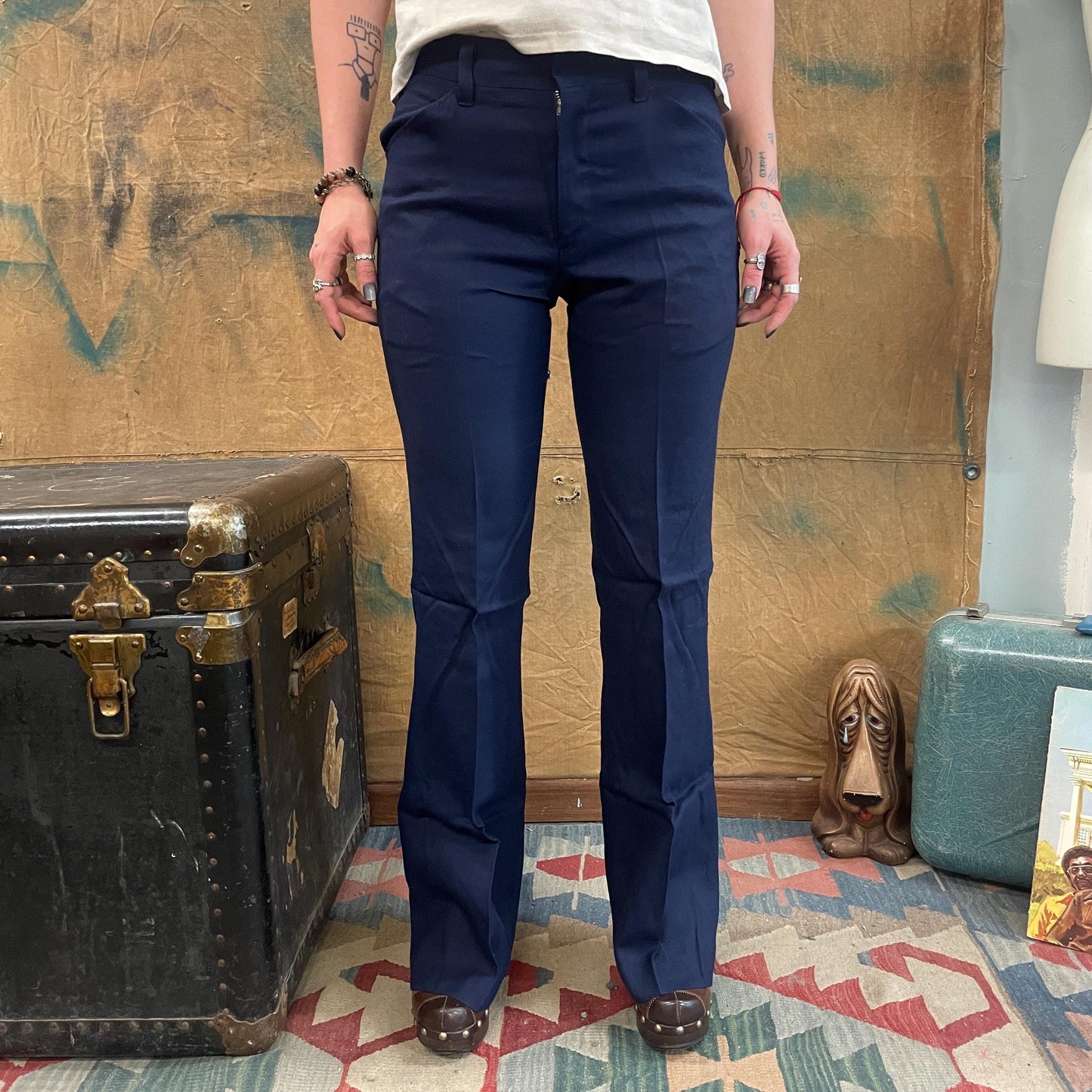 vtg 70s DEADSTOCK RAYON FLARE Pants // vintage new with tags high rise navy blue bare back boot cut trousers retro mod hipster bell bottoms