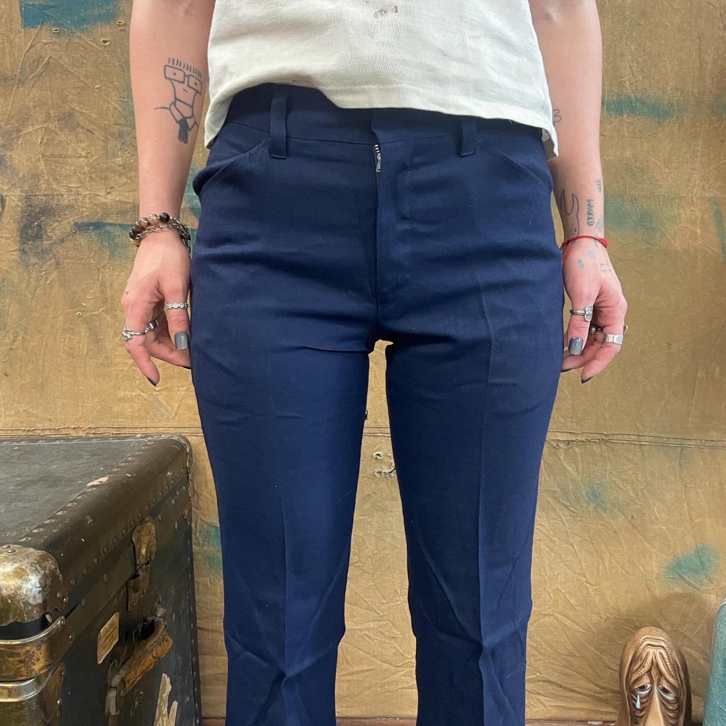 vtg 70s DEADSTOCK RAYON FLARE Pants // vintage new with tags high rise navy blue bare back boot cut trousers retro mod hipster bell bottoms