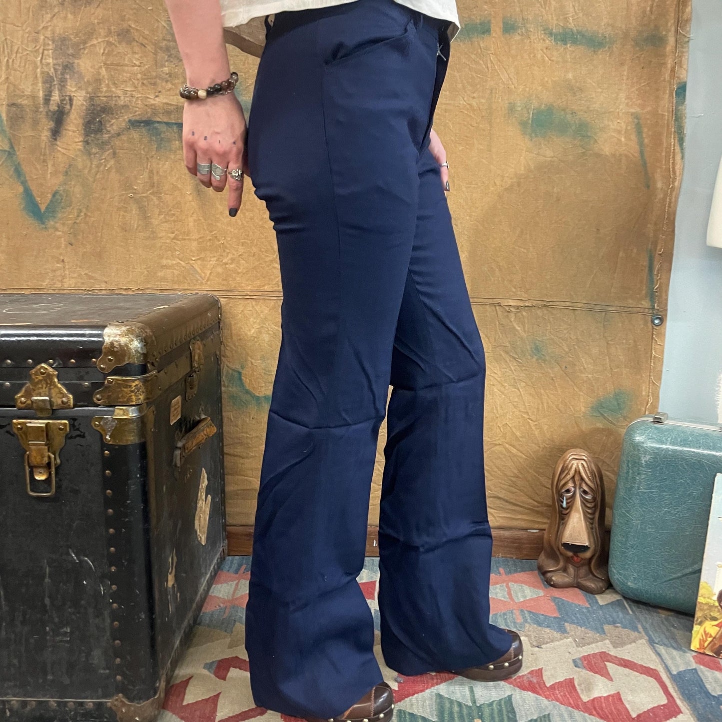 vtg 70s DEADSTOCK RAYON FLARE Pants // vintage new with tags high rise navy blue bare back boot cut trousers retro mod hipster bell bottoms