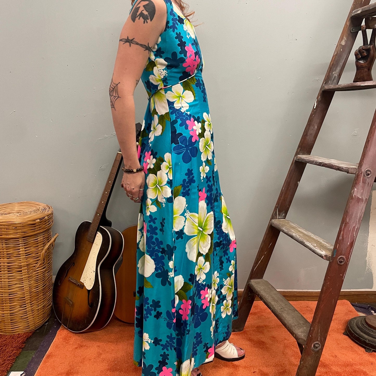 vtg 70s FLORAL HAWAIIAN MAXI Dress // vintage royal hawaiian barkcloth full length xs tank slip vacation style tourist beach style tropical