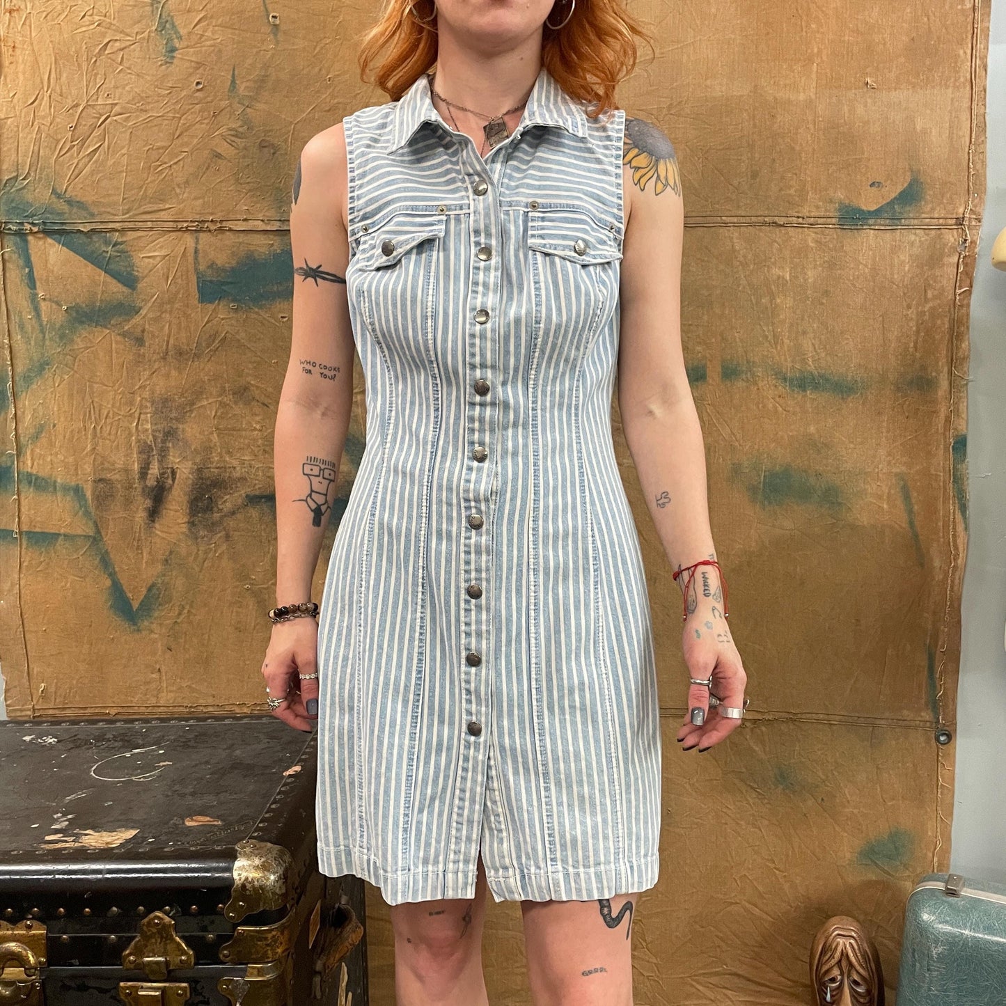 vtg 90s PINSTRIPED BLUE DENIM Dress // vintage button up jean dress pointy collar sleeveless mini dress autumn fall school casual minimalist