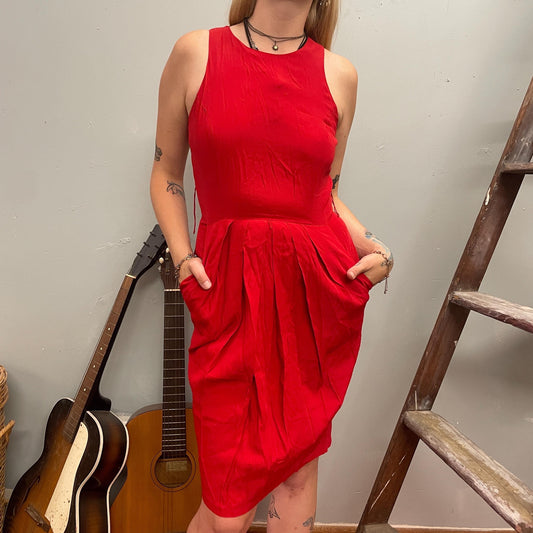 vtg 80s SLINKY RED RAYON Dress // vintage fit flare blouson sexy tank dress with pockets size 8 womens sleeveless layering date flirty mini