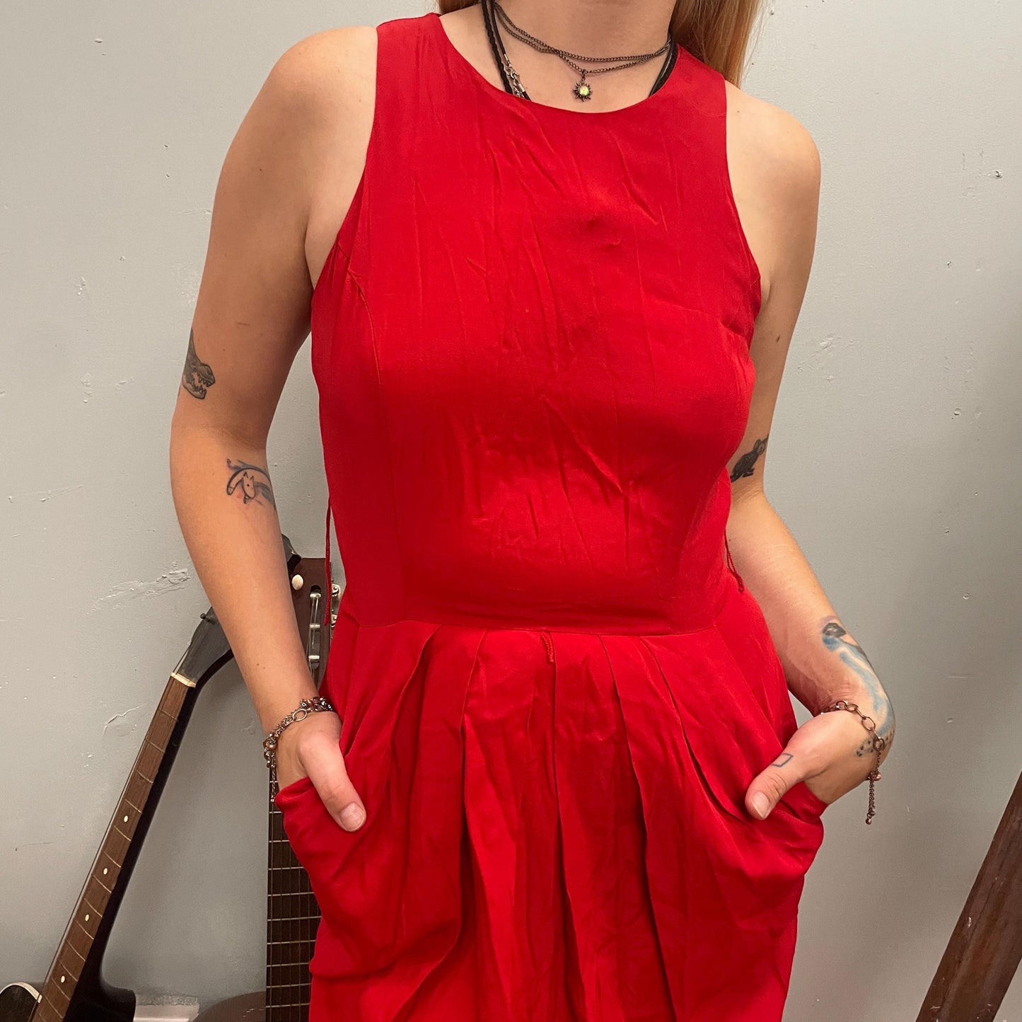 vtg 80s SLINKY RED RAYON Dress // vintage fit flare blouson sexy tank dress with pockets size 8 womens sleeveless layering date flirty mini