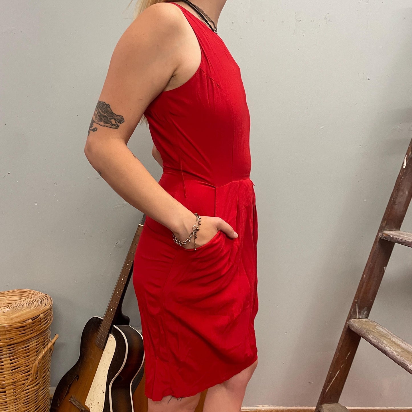 vtg 80s SLINKY RED RAYON Dress // vintage fit flare blouson sexy tank dress with pockets size 8 womens sleeveless layering date flirty mini