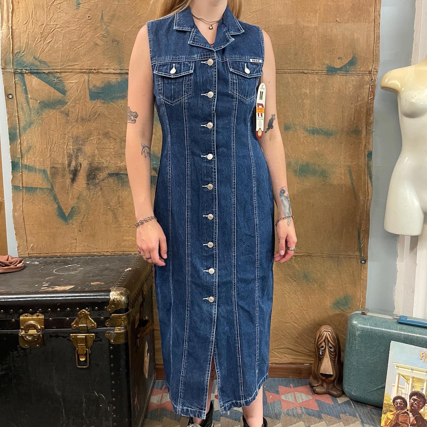 vtg 90s LONG DENIM DRESS // vintage Y2K deadstock racing striped dark wash jean maxi dress collared full length grunge delias brat layers