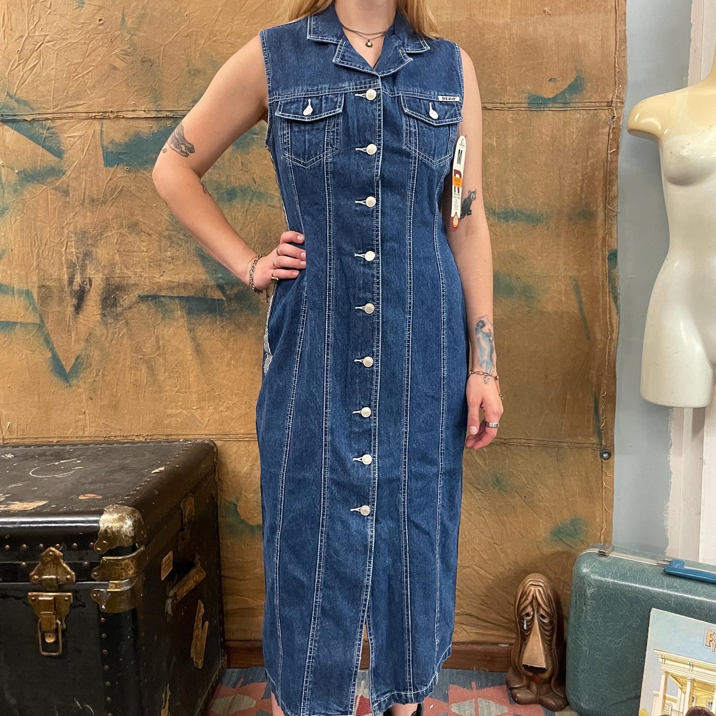 vtg 90s LONG DENIM DRESS // vintage Y2K deadstock racing striped dark wash jean maxi dress collared full length grunge delias brat layers